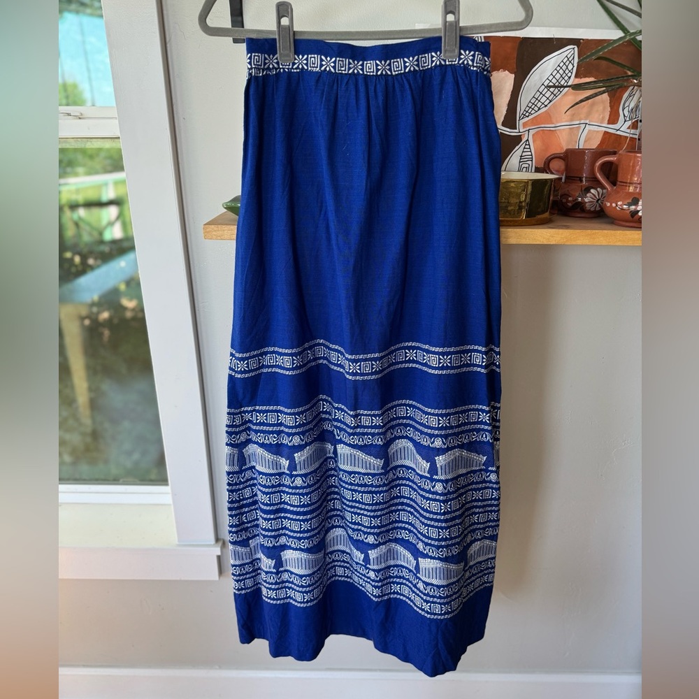 Vintage Grecian Cobalt Blue White Embroidered Cotton Floor Length Maxi Skirt S